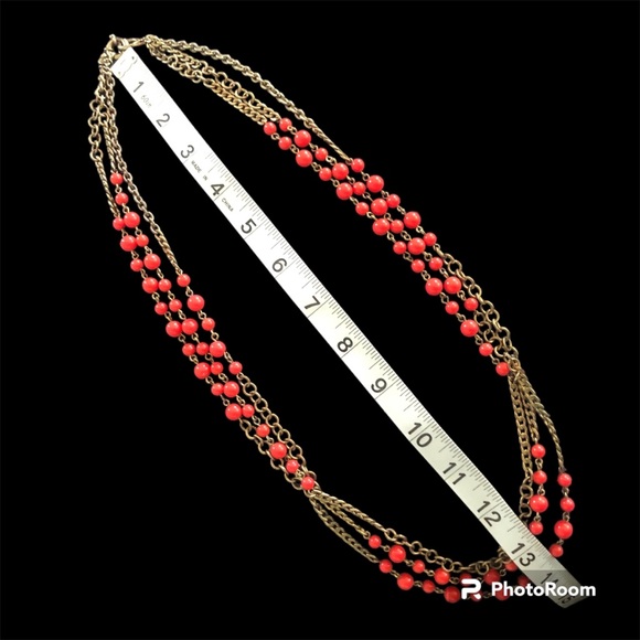 J CREW Long 3-Strand Beaded Poppy Red & Antique Gold Toned Necklace - Picture 8 of 10
